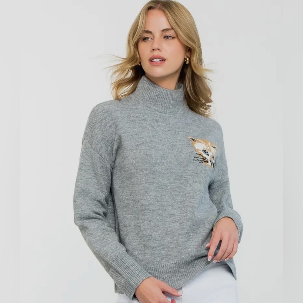 THML, Gray Mock Neck Knit Sweater with Cat Patch, s m l | TMK1899 - Picture 2 of 4